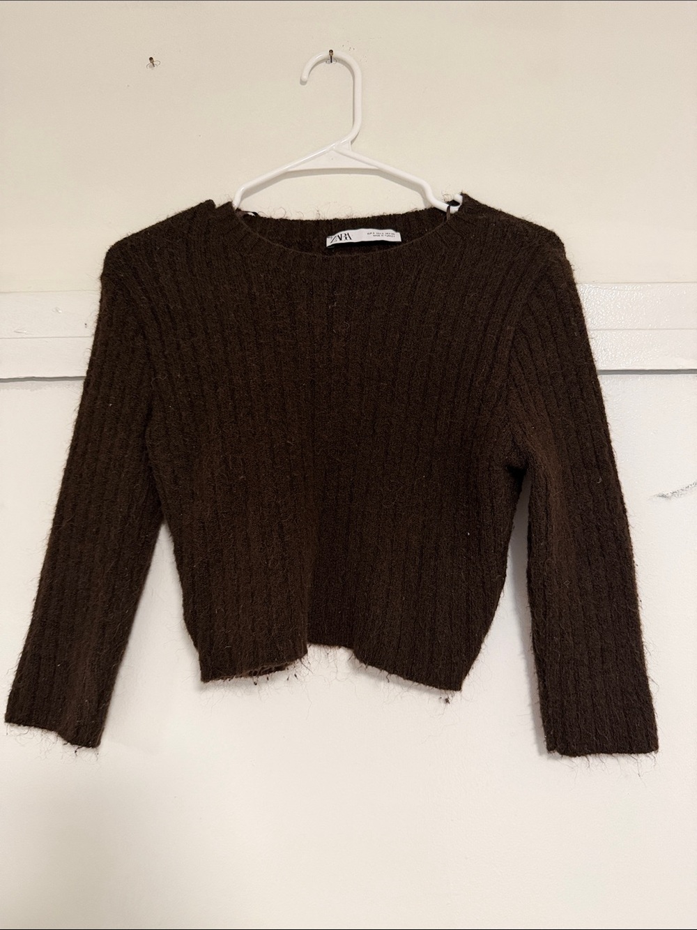 Zara Dark Brown Ribbed cropped Crewneck Sweater